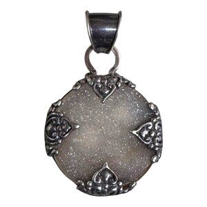 Vintage 925 Sterling Silver Druzy Quarts Round Pendant Art Deco Ornate Design